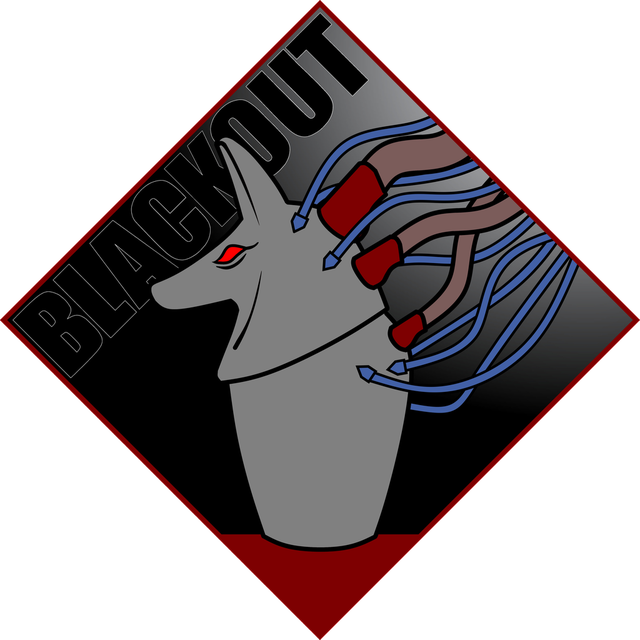 The Blackout sigil: a cybernetic jackal's head, trailing cable, set in a red diamond.